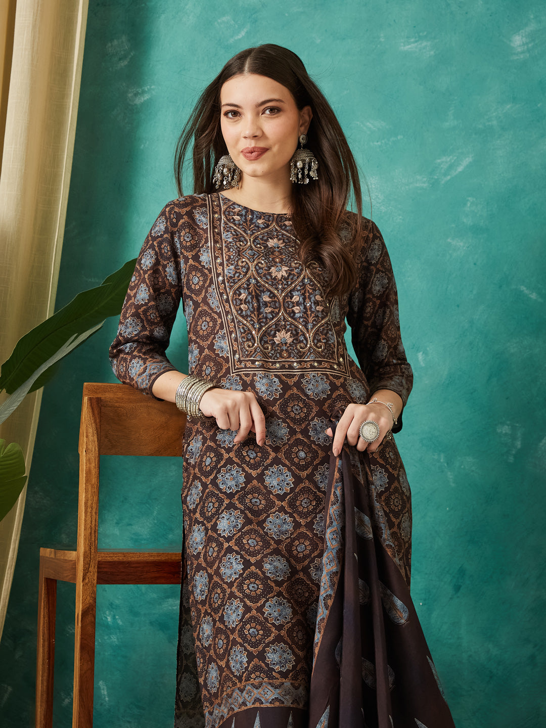 VASVI Muslin Printed Adda Work Straight Kurta Pant with Dupatta, Brown