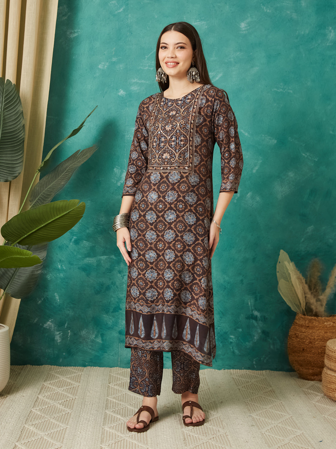 VASVI Muslin Printed Adda Work Straight Kurta Pant with Dupatta, Brown