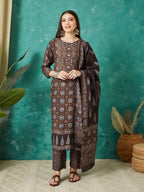 VASVI Muslin Printed Adda Work Straight Kurta Pant with Dupatta, Brown