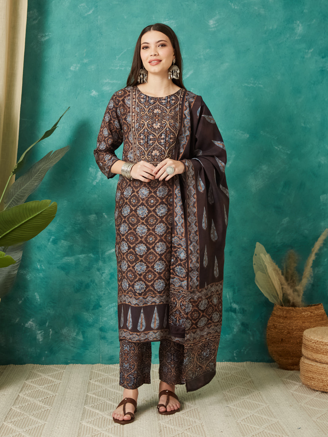 VASVI Muslin Printed Adda Work Straight Kurta Pant with Dupatta, Brown