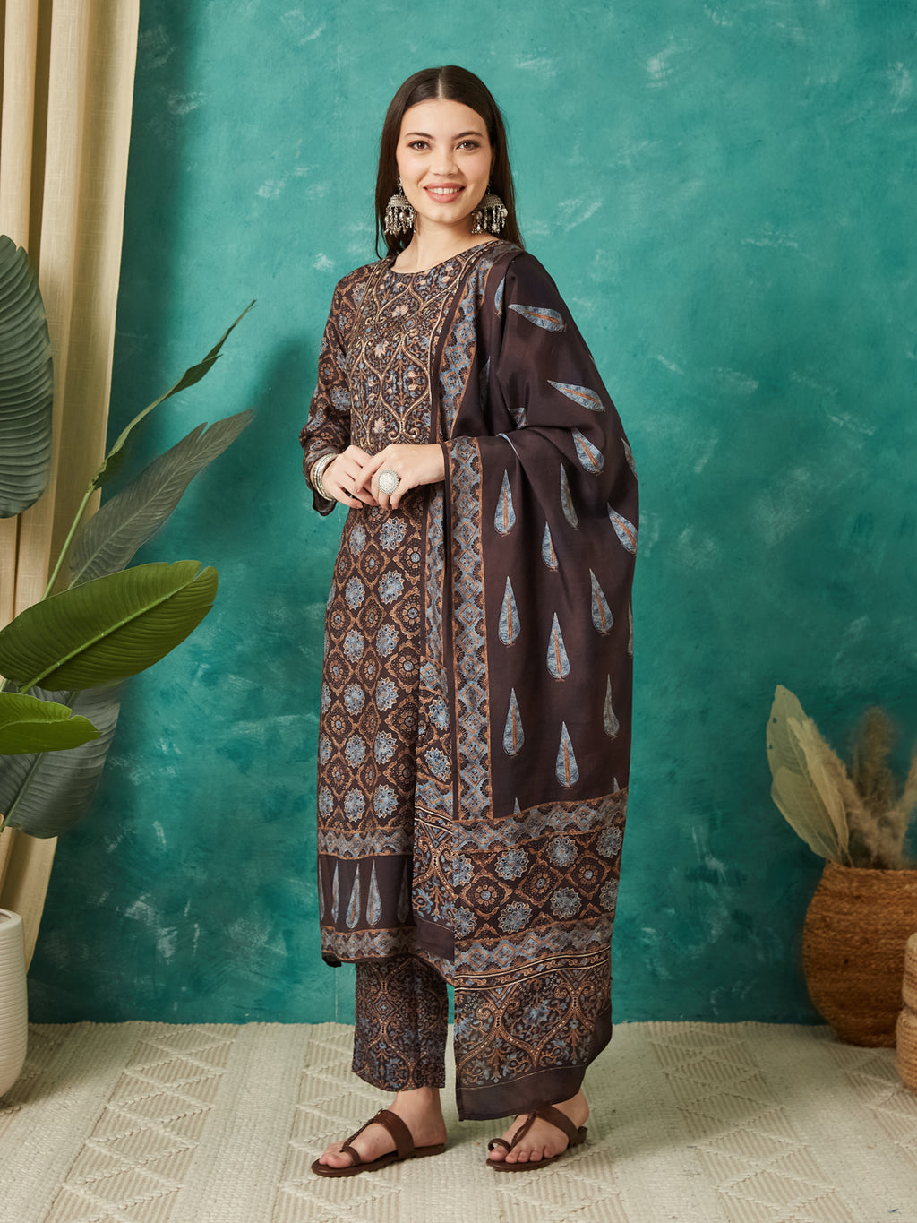VASVI Muslin Printed Adda Work Straight Kurta Pant with Dupatta, Brown