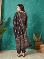 VASVI Muslin Printed Adda Work Straight Kurta Pant with Dupatta, Brown