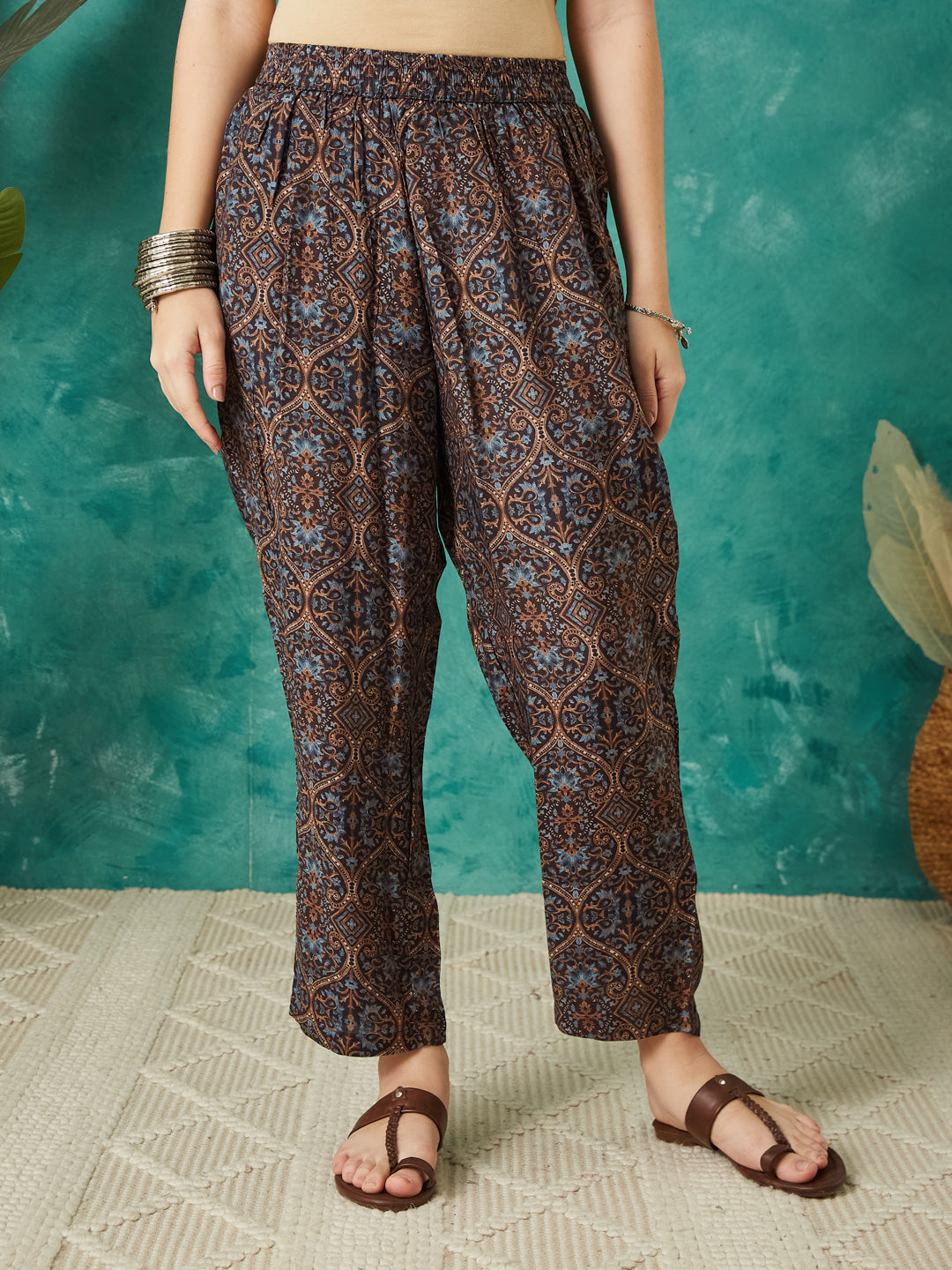 VASVI Muslin Printed Adda Work Straight Kurta Pant with Dupatta, Brown