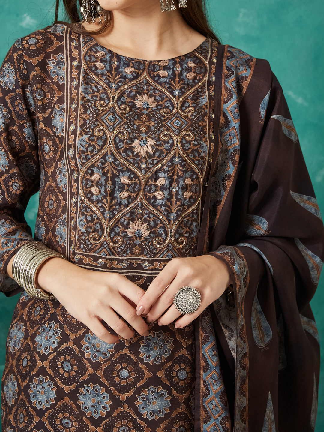 VASVI Muslin Printed Adda Work Straight Kurta Pant with Dupatta, Brown