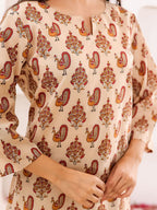 VASVI Women Cotton Floral Printed Top, Beige