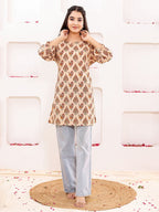 VASVI Women Cotton Floral Printed Top, Beige