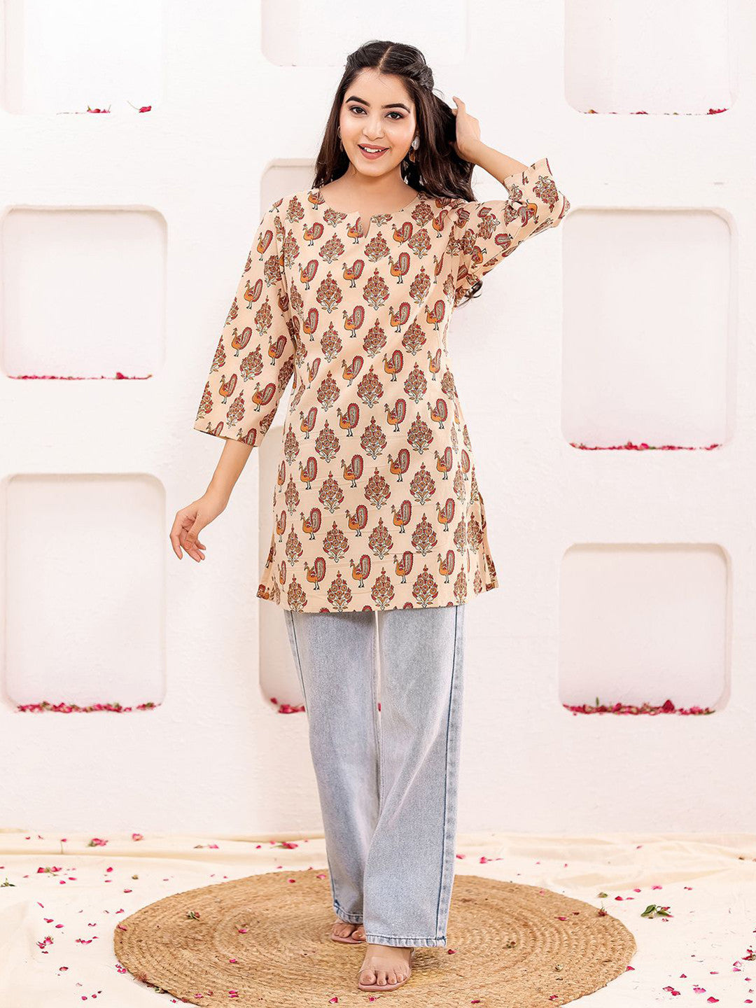 VASVI Women Cotton Floral Printed Top, Beige