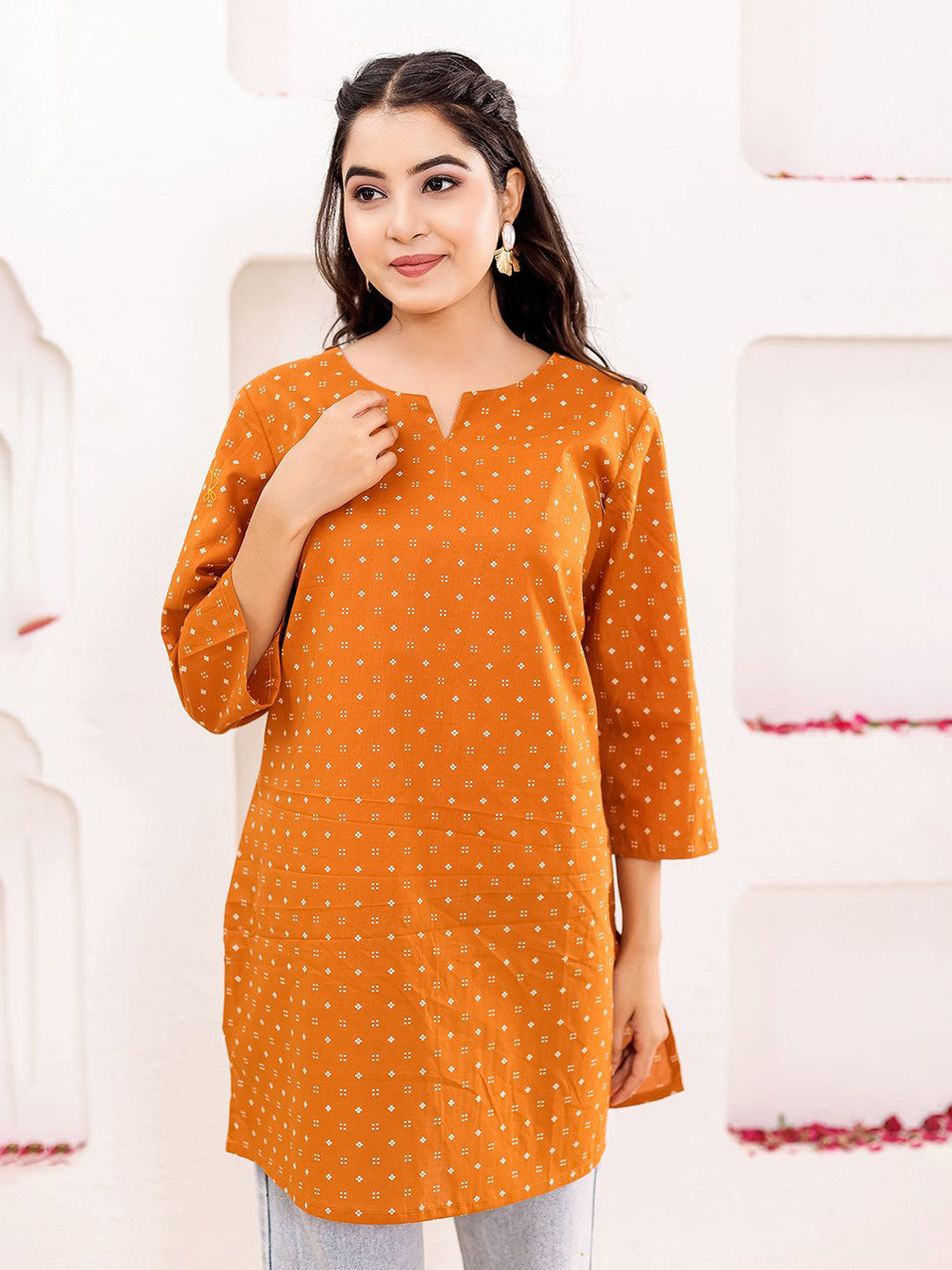 VASVI Women Cotton Floral Printed Top, Brown