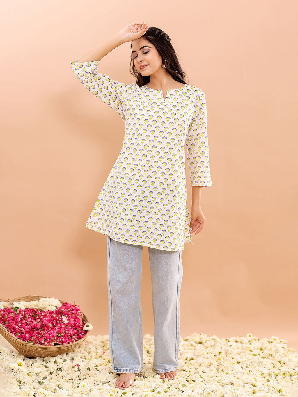 VASVI Women Cotton Floral Printed Top, Green
