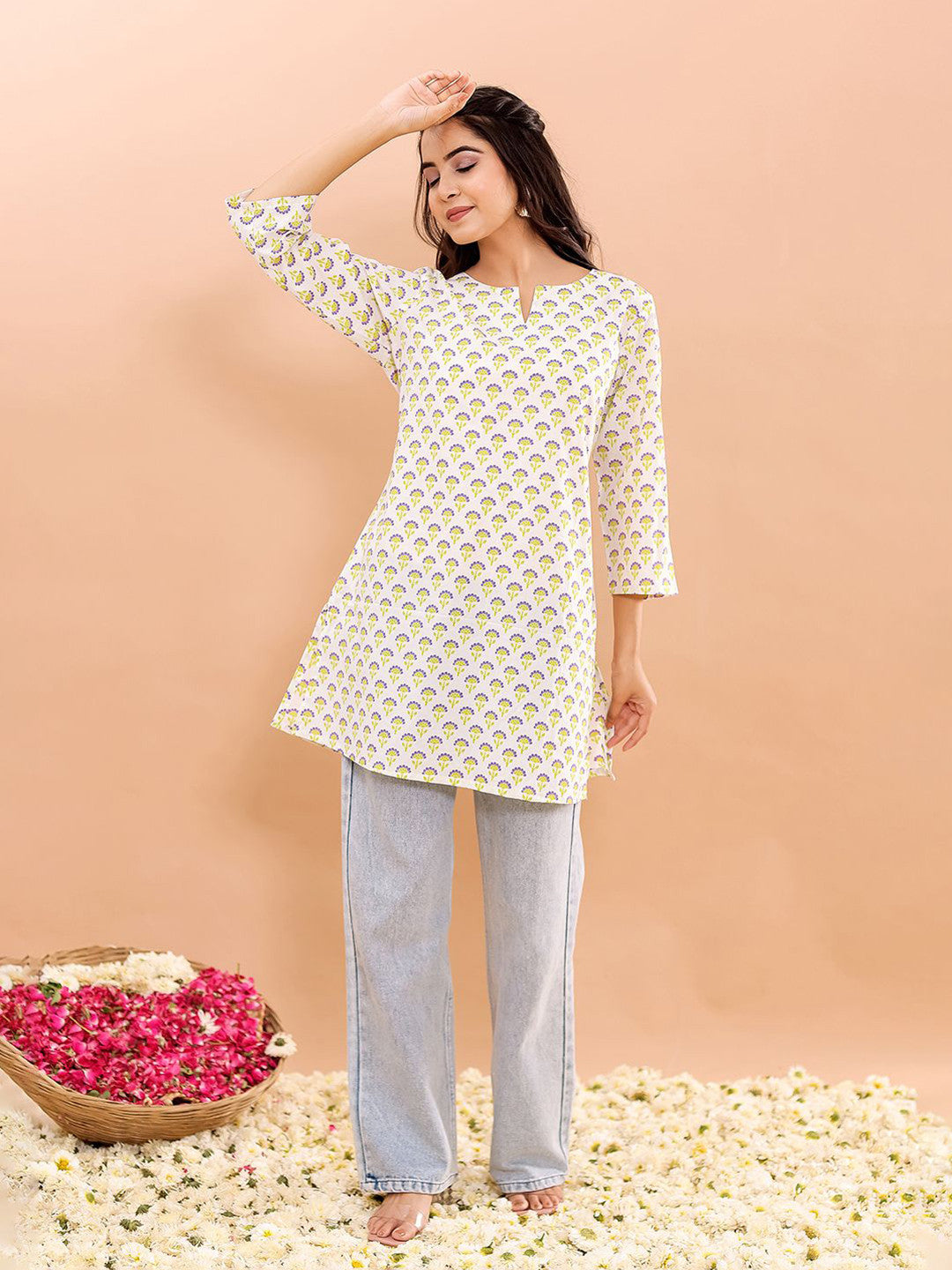 VASVI Women Cotton Floral Printed Top, Green