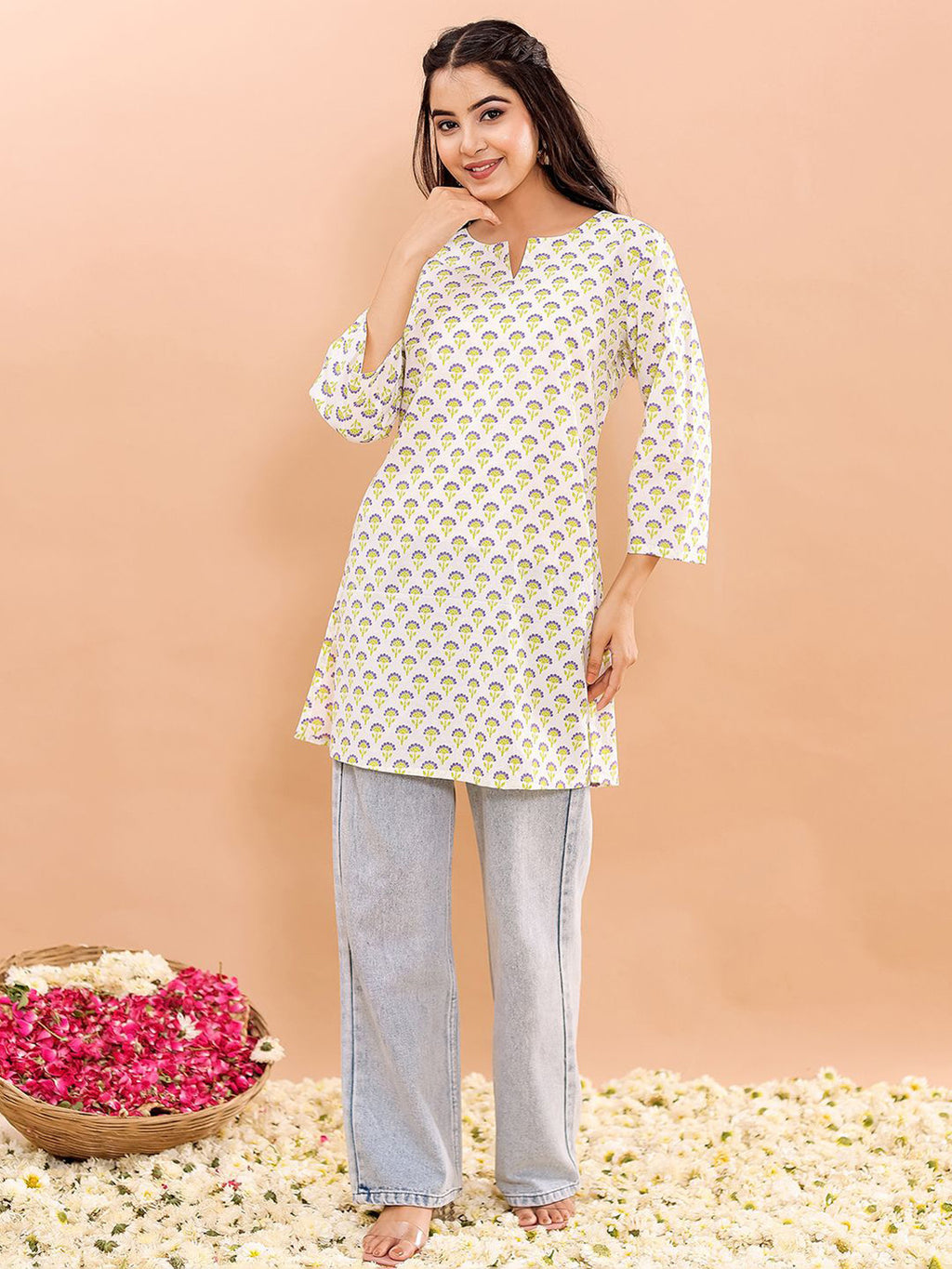 VASVI Women Cotton Floral Printed Top, Green
