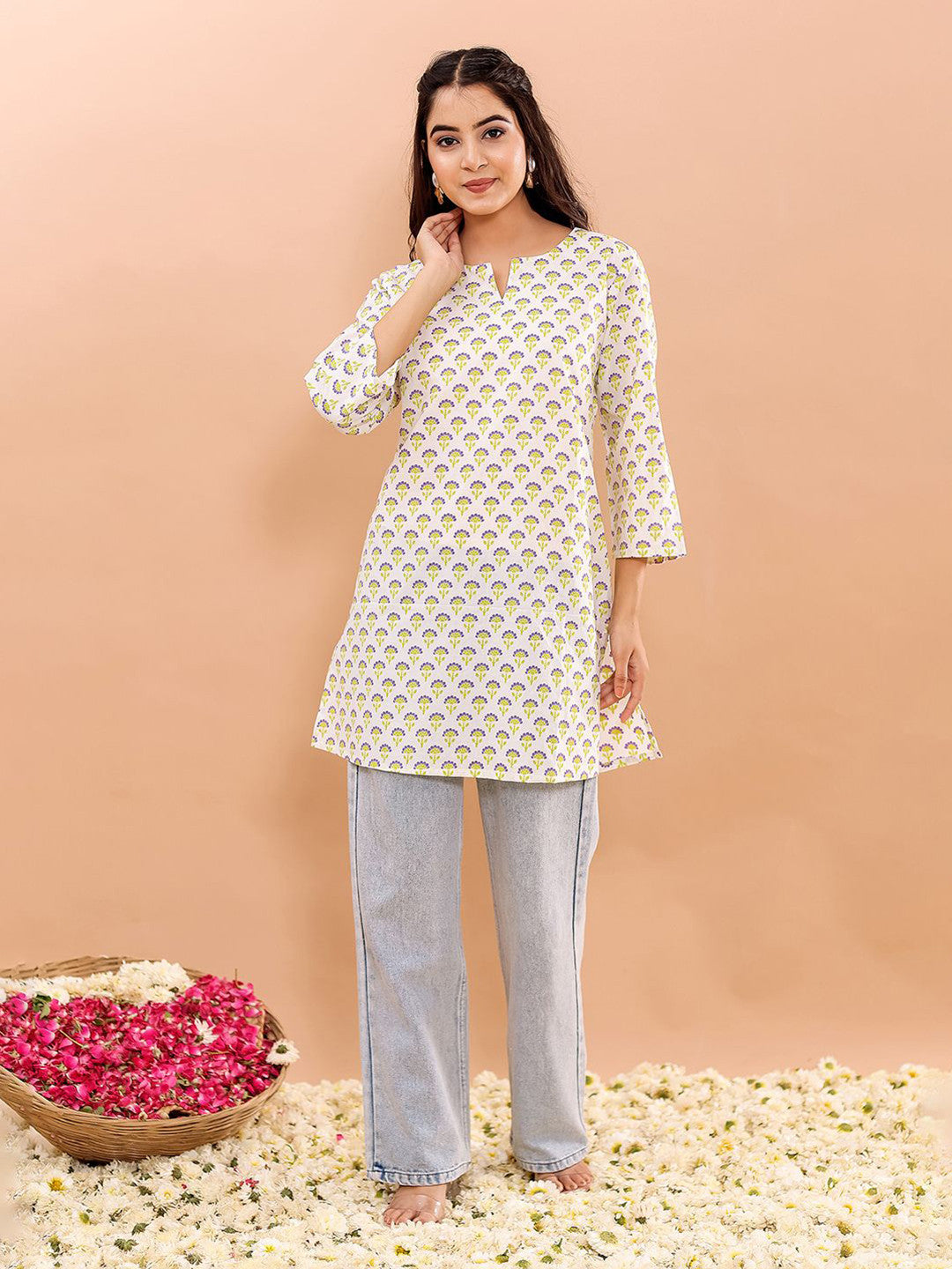 VASVI Women Cotton Floral Printed Top, Green