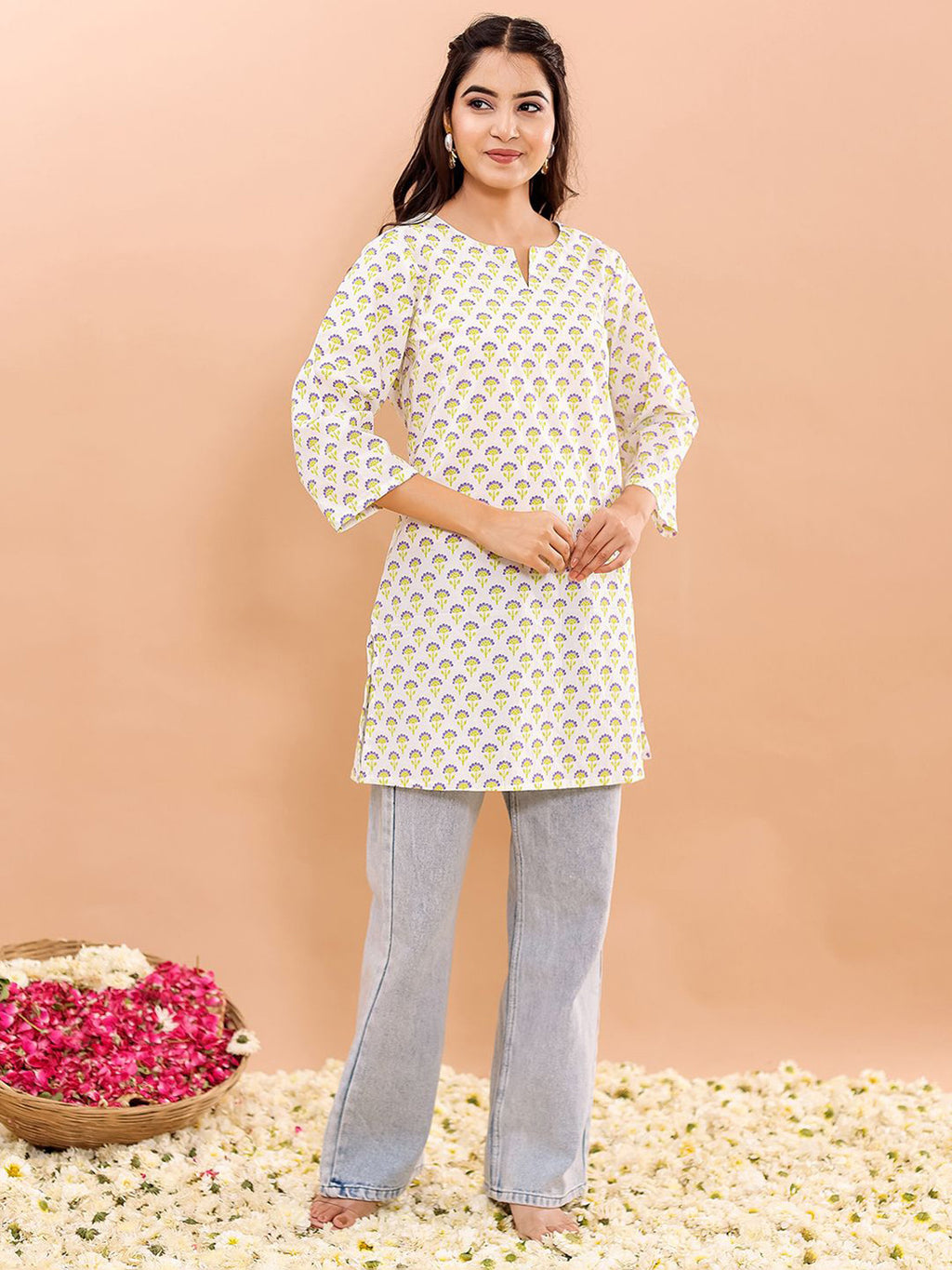 VASVI Women Cotton Floral Printed Top, Green