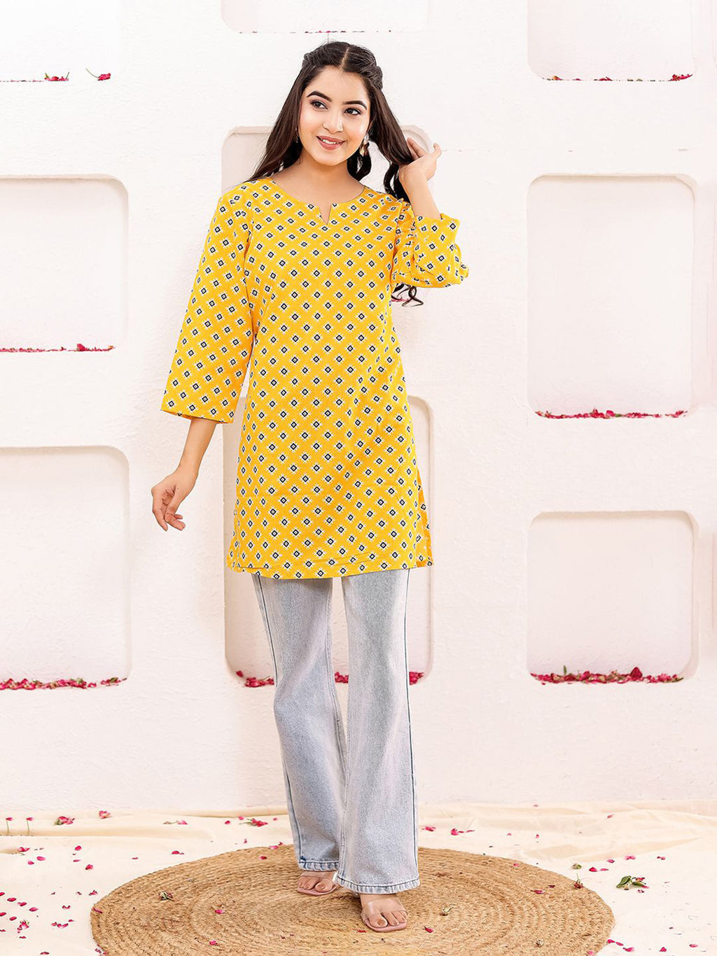 VASVI Women Cotton Floral Printed Top, Mustard