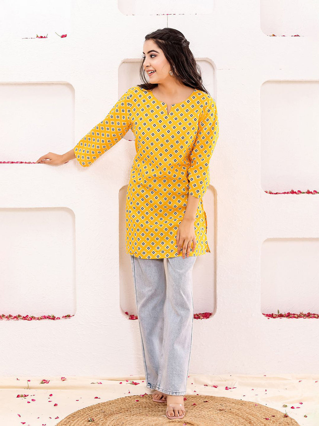 VASVI Women Cotton Floral Printed Top, Mustard