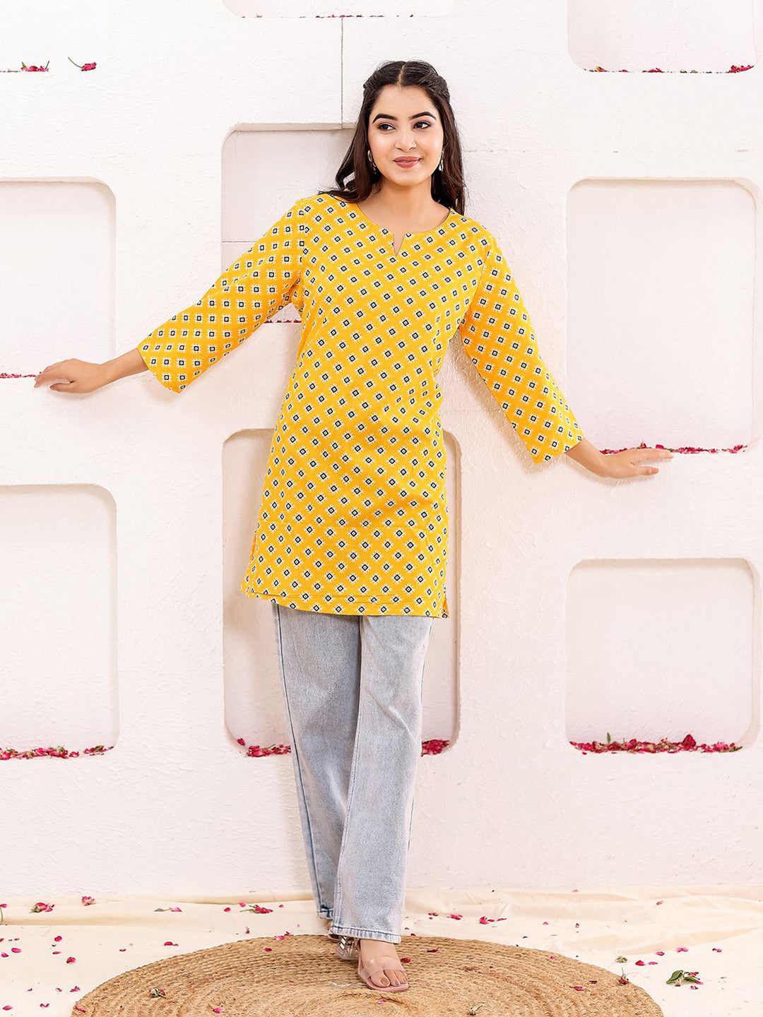 VASVI Women Cotton Floral Printed Top, Mustard