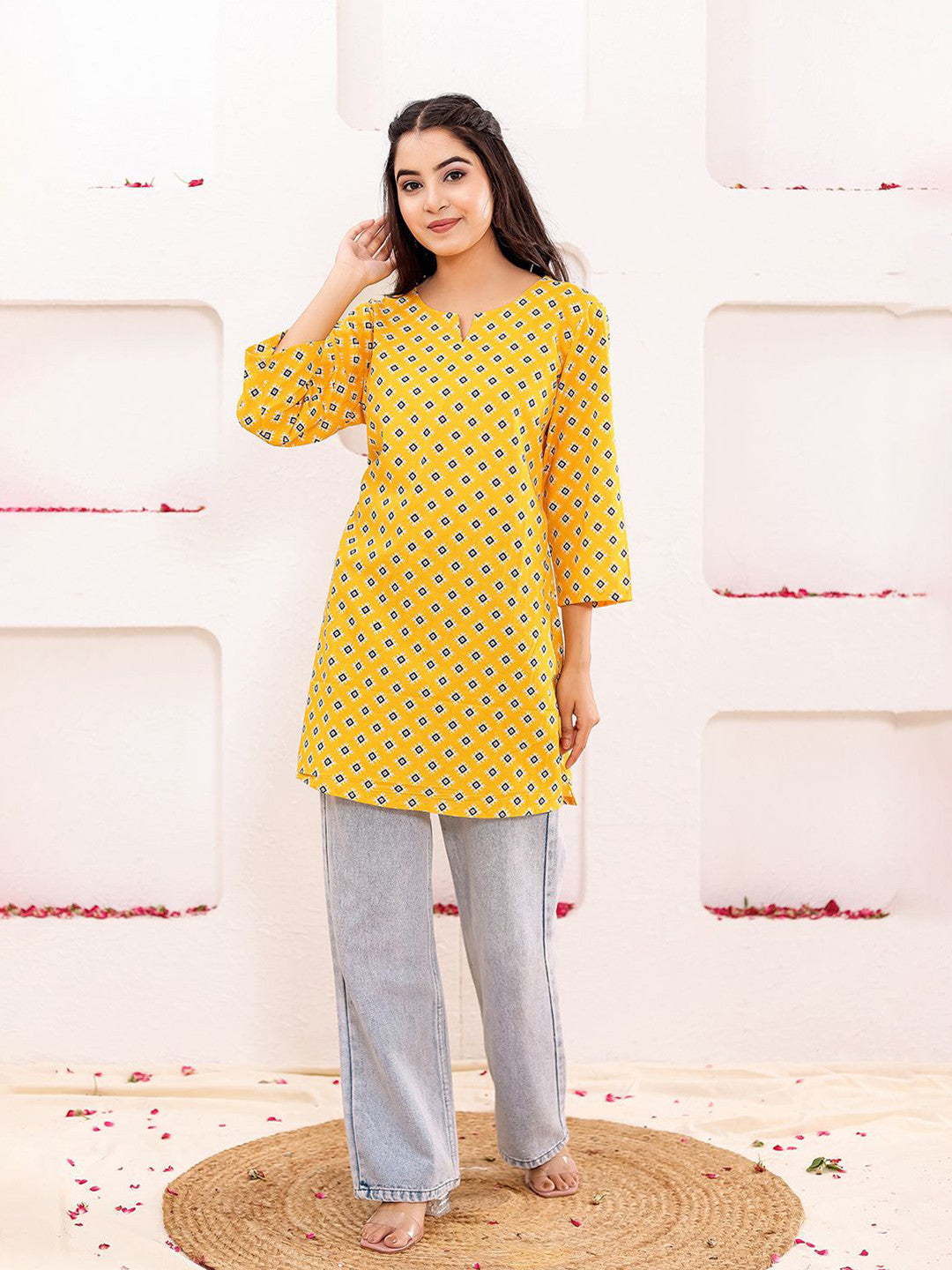VASVI Women Cotton Floral Printed Top, Mustard