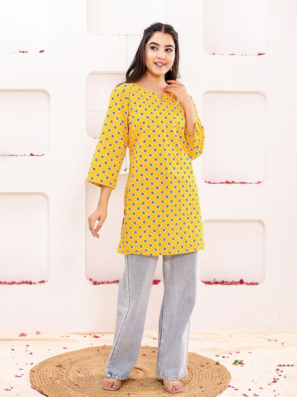 VASVI Women Cotton Floral Printed Top, Mustard