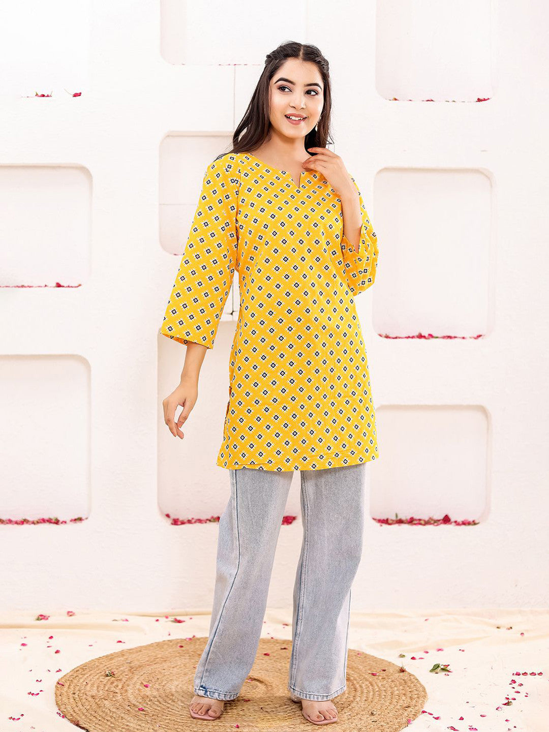 VASVI Women Cotton Floral Printed Top, Mustard