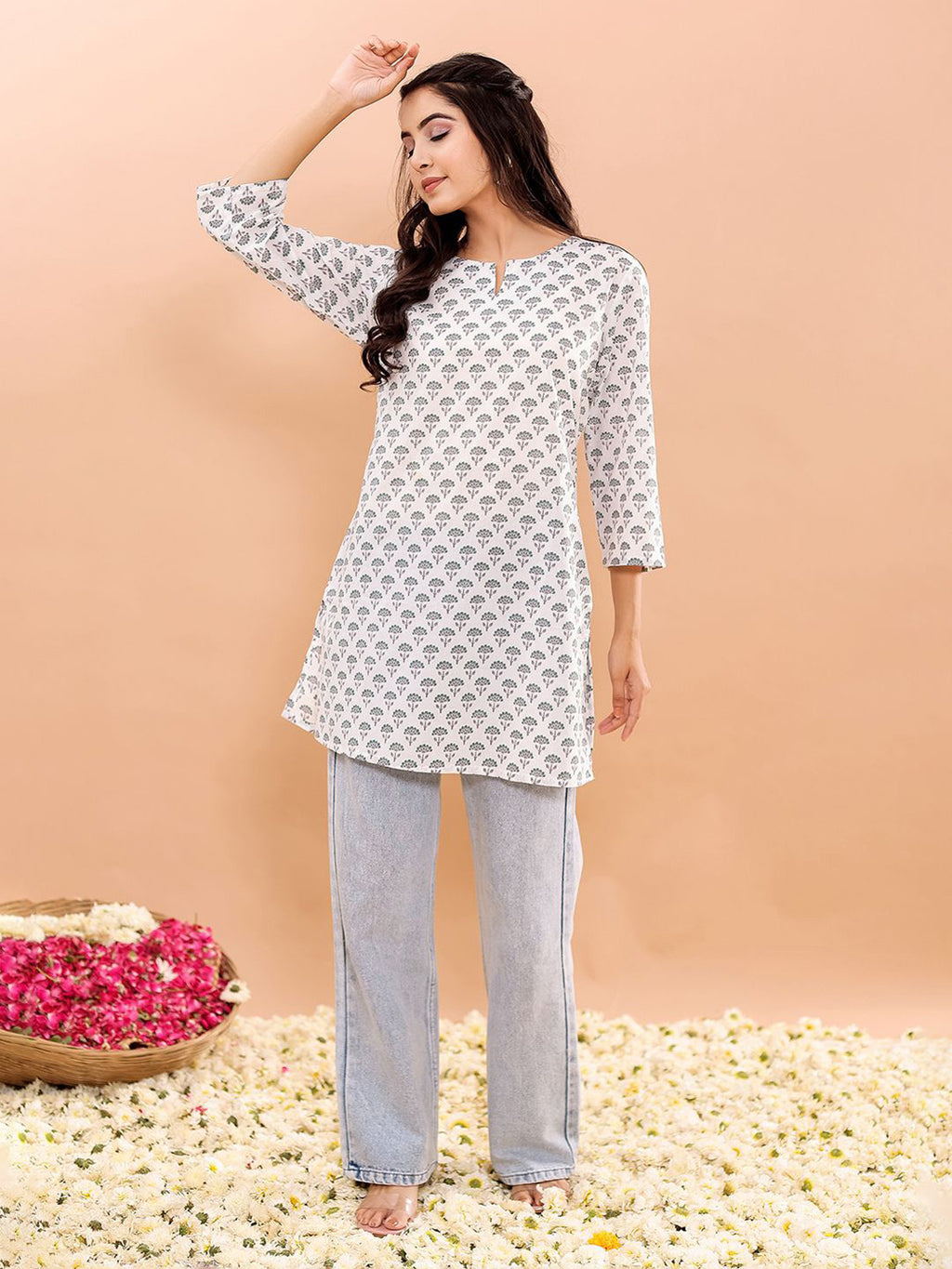 VASVI Women Cotton Floral Printed Top, Off White