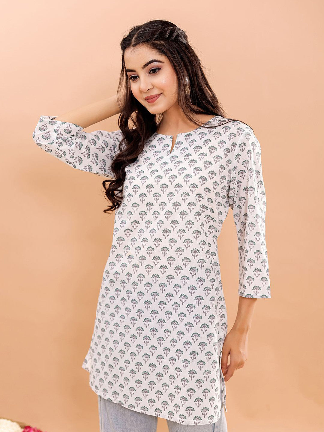 VASVI Women Cotton Floral Printed Top, Off White