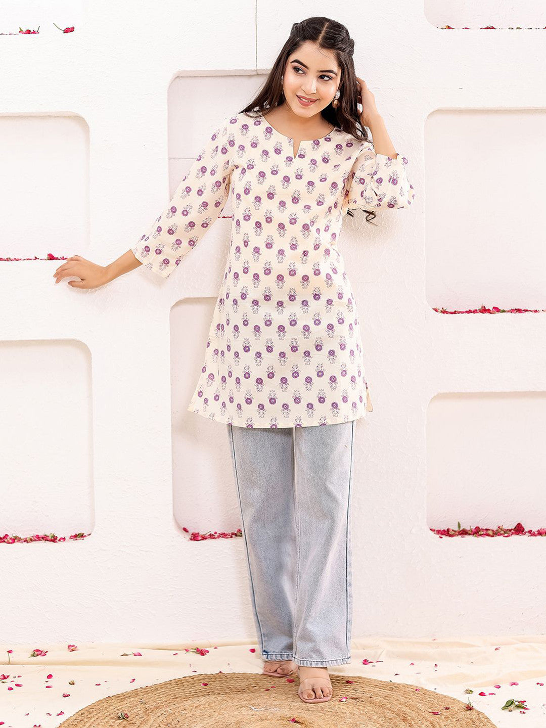 VASVI Women Cotton Floral Printed Top, Purple