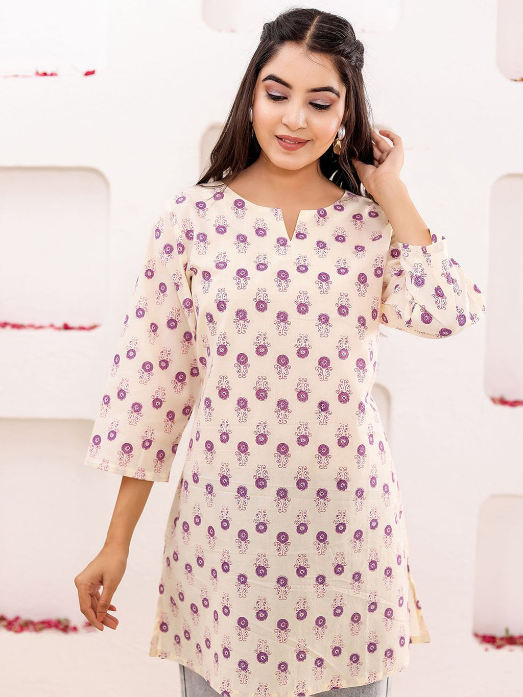 VASVI Women Cotton Floral Printed Top, Purple