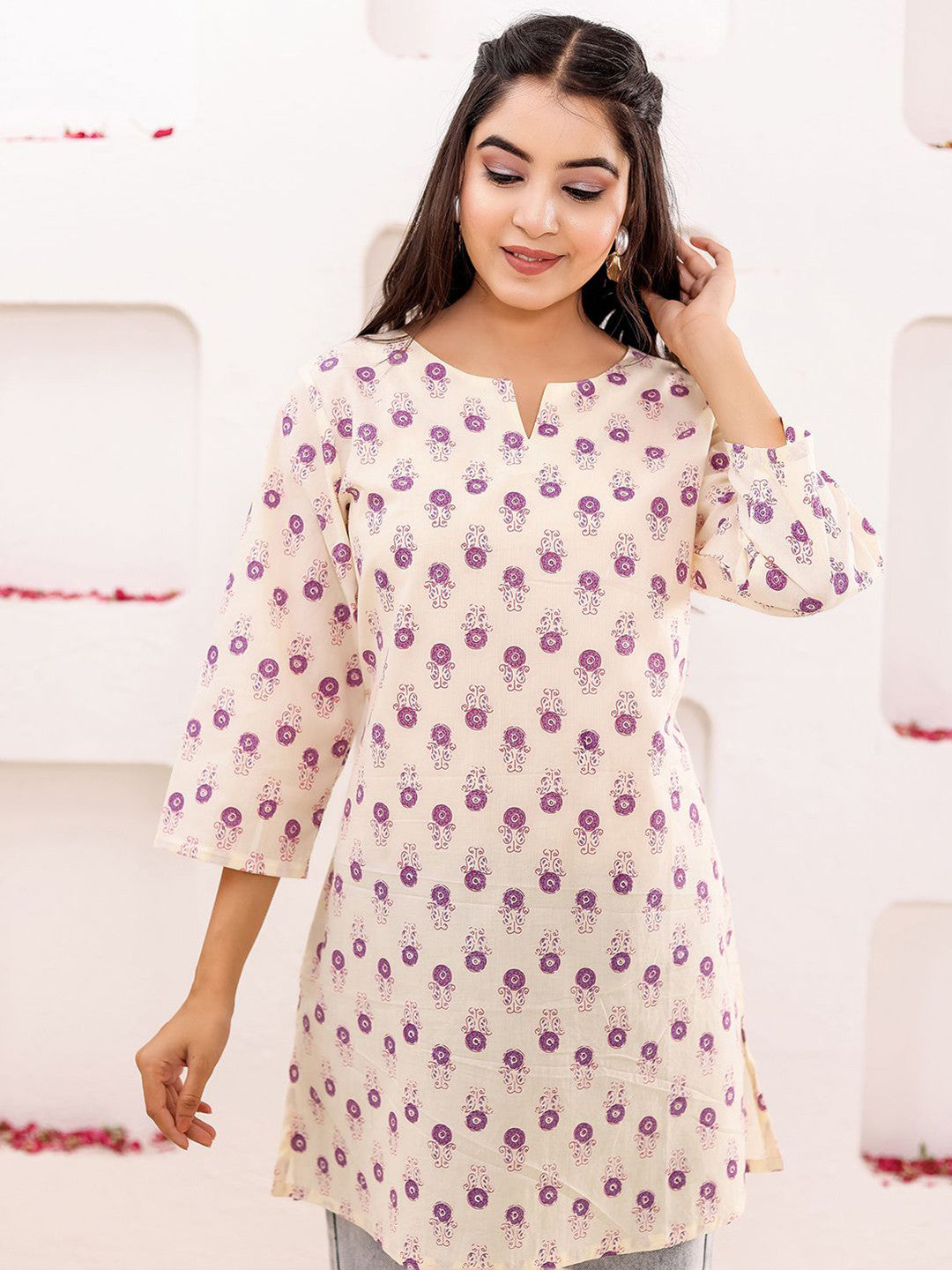 VASVI Women Cotton Floral Printed Top, Purple