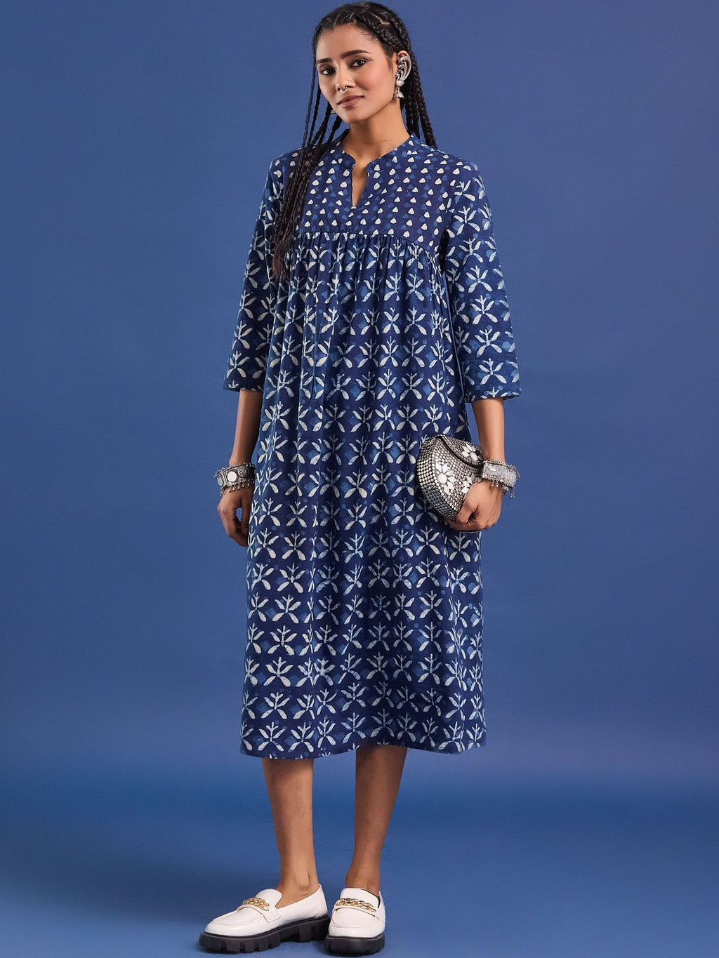 VASVI Women Indigo Printed Pure Cotton Fit & Flared Dress