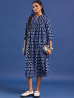 VASVI Women Indigo Printed Pure Cotton Fit & Flared Dress