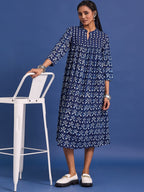VASVI Women Indigo Printed Pure Cotton Fit & Flared Dress