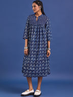 VASVI Women Indigo Printed Pure Cotton Fit & Flared Dress