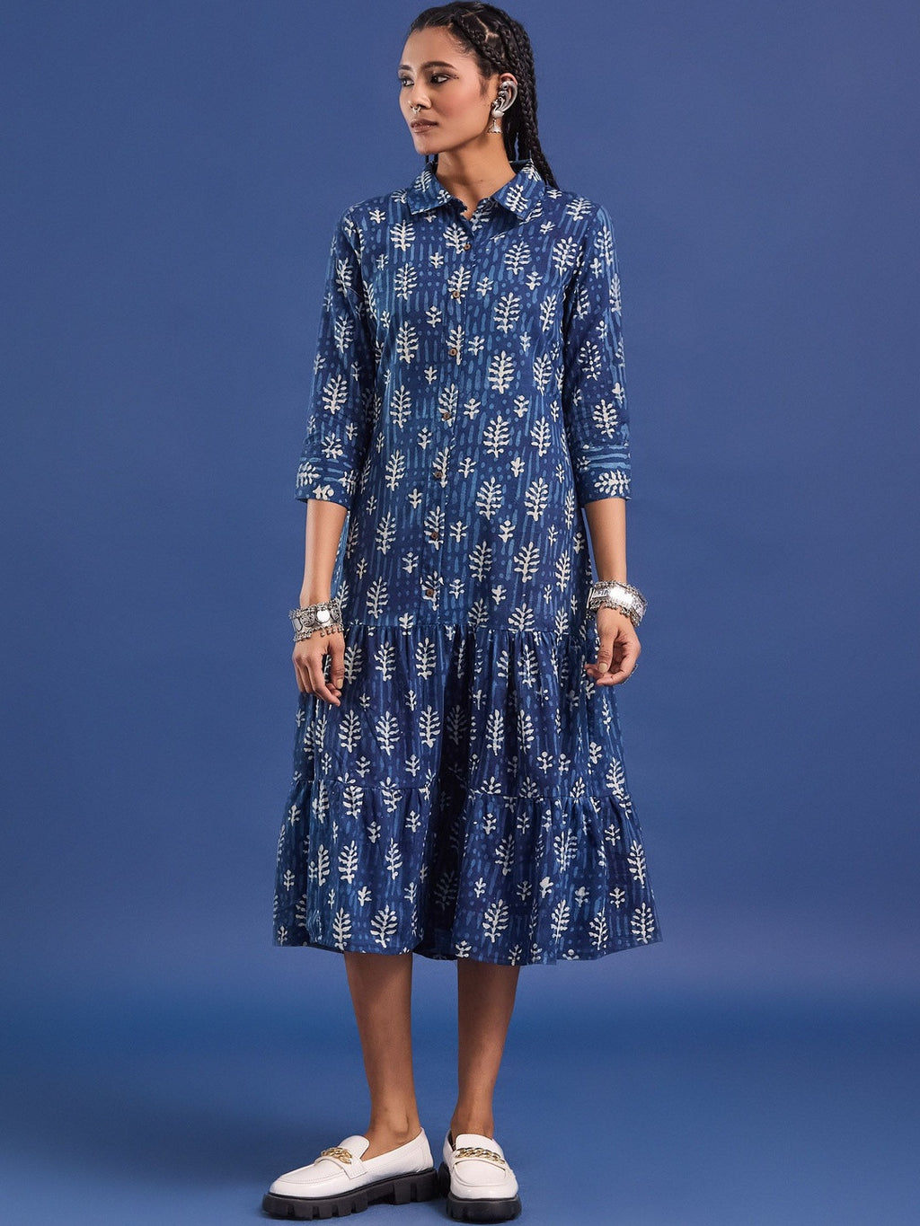 VASVI Women Indigo Printed Pure Cotton Fit & Flared Dress
