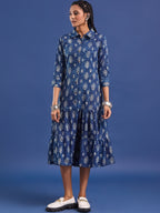 VASVI Women Indigo Printed Pure Cotton Fit & Flared Dress
