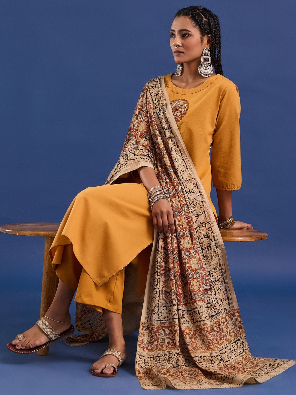 VASVI Hand Block Printed Cotton Straight Kurta & Trousers With Dupatta