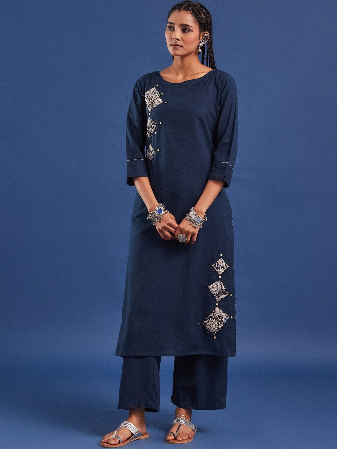 VASVI Women Hand Block Printed Pure Cotton Straight Kurta Trousers With Dupatta