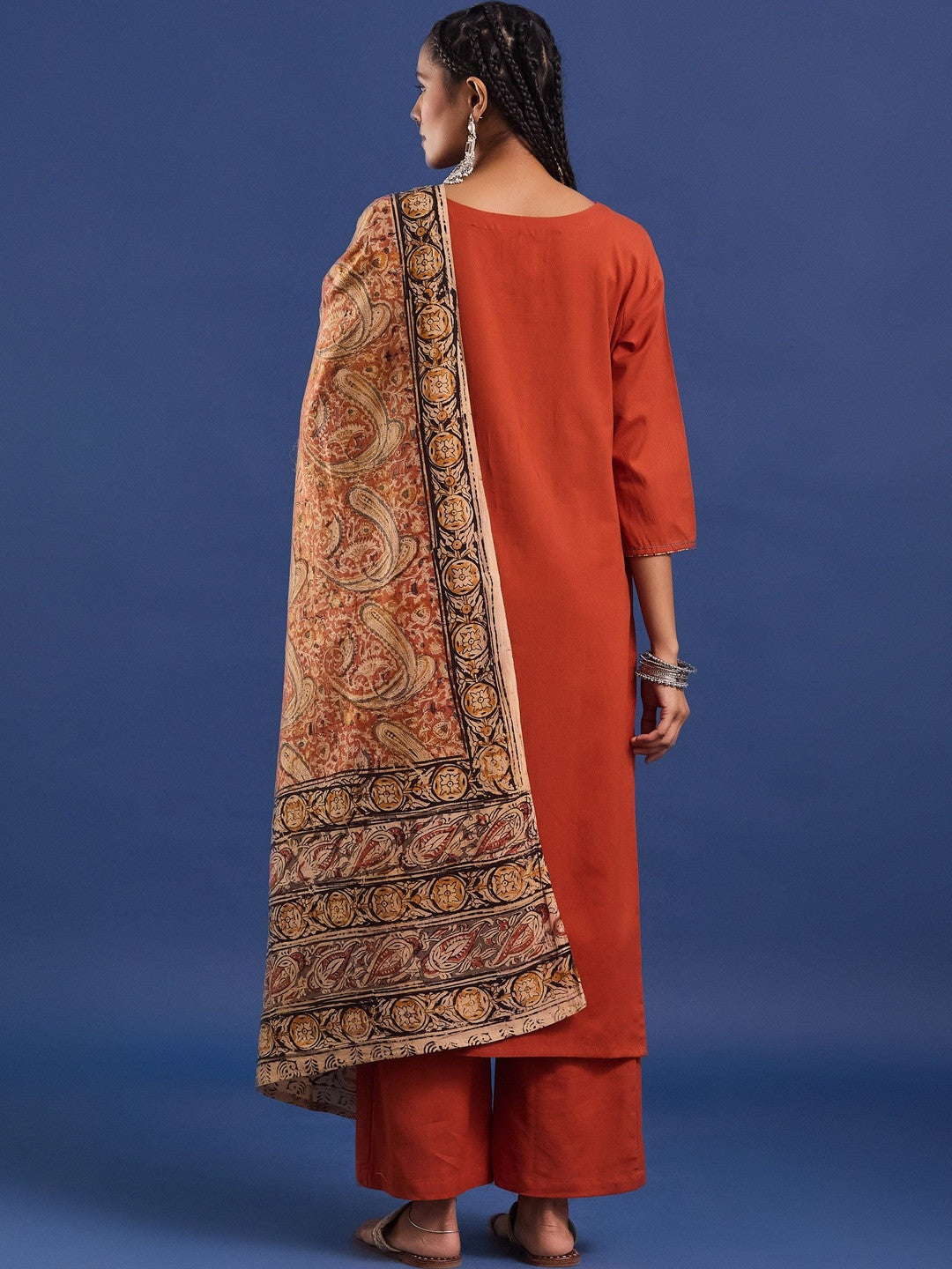 VASVI Women Hand Block Printed Pure Cotton Straight Kurta Trousers With Dupatta