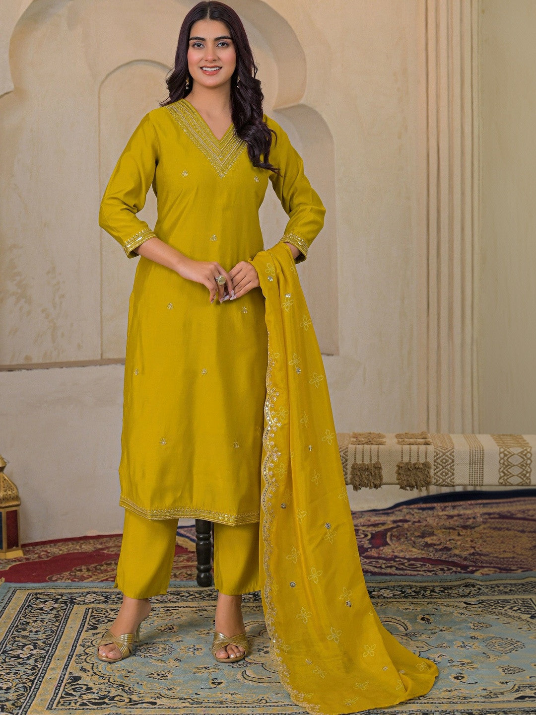 VASVI Women Ethnic Motifs Embroidered Thread Work Chanderi Silk Kurta with Trousers & With Dupatta