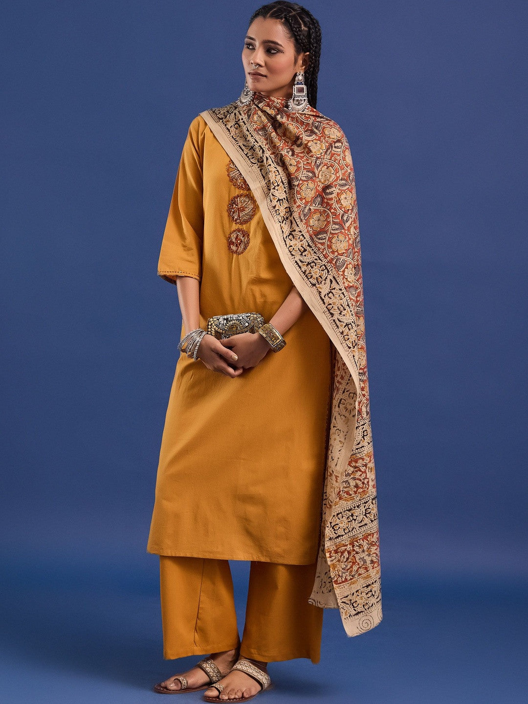VASVI Hand Block Printed Cotton Straight Kurta & Trousers With Dupatta