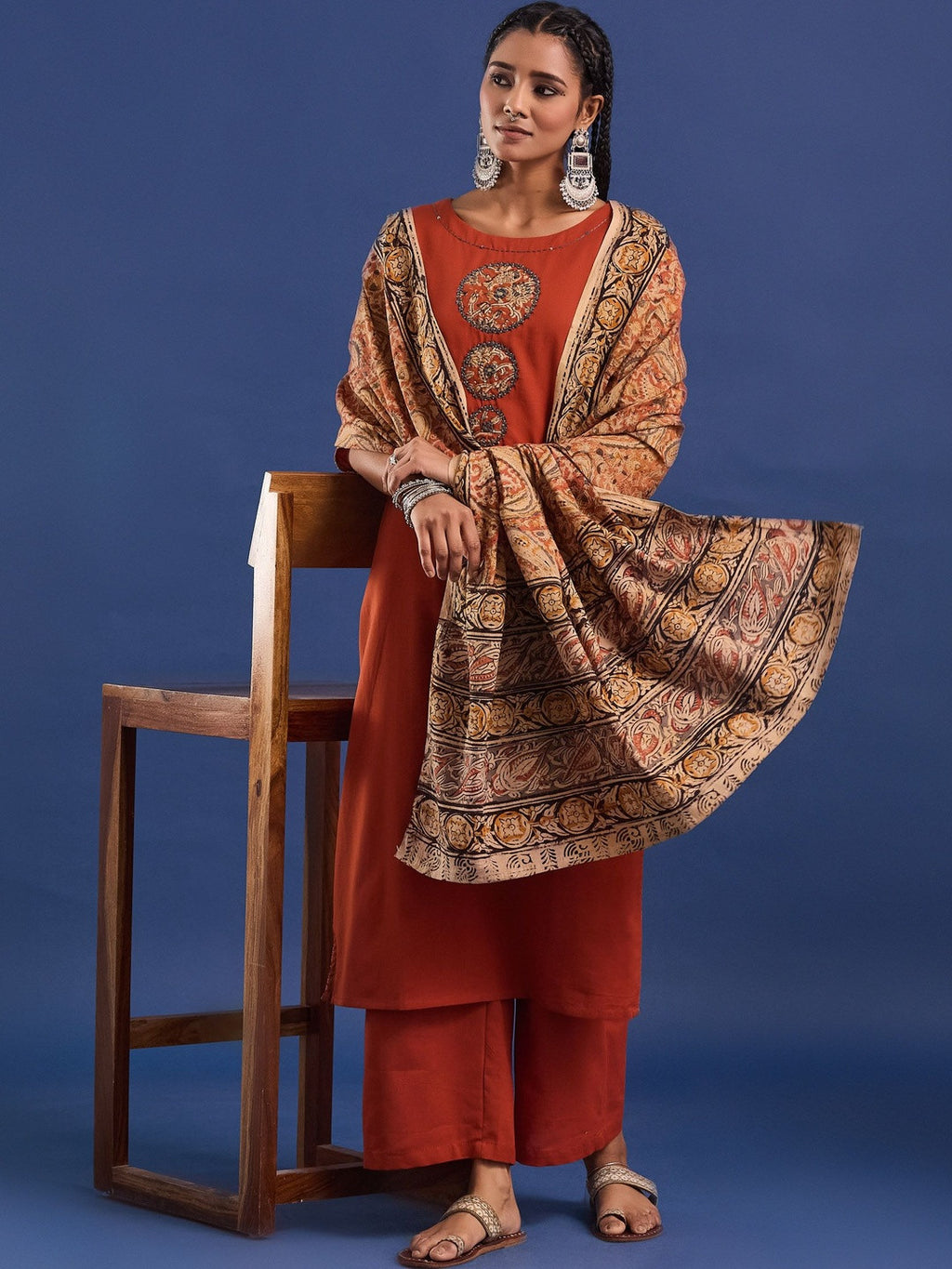 VASVI Women Hand Block Printed Pure Cotton Straight Kurta Trousers With Dupatta