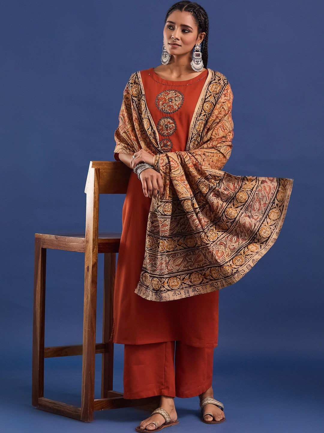 VASVI Women Hand Block Printed Pure Cotton Straight Kurta Trousers With Dupatta