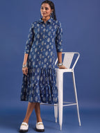 VASVI Women Indigo Printed Pure Cotton Fit & Flared Dress