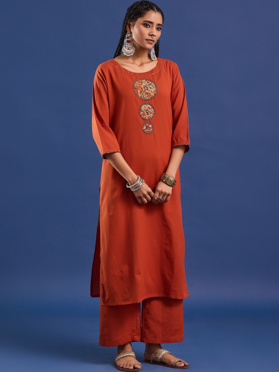 VASVI Women Hand Block Printed Pure Cotton Straight Kurta Trousers With Dupatta