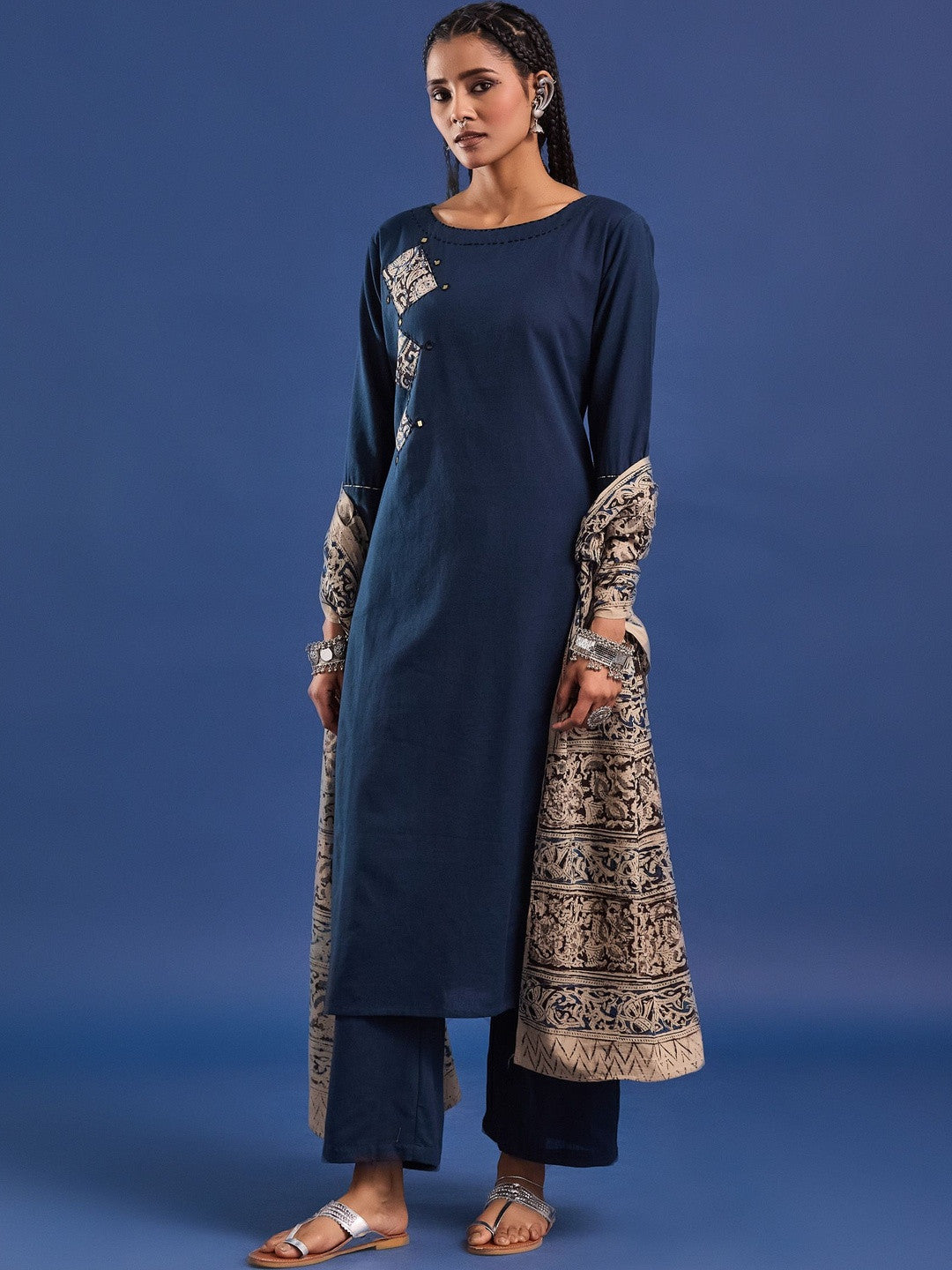 VASVI Women Hand Block Printed Pure Cotton Straight Kurta Trousers With Dupatta