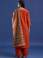 VASVI Women Hand Block Printed Pure Cotton Straight Kurta Trousers With Dupatta
