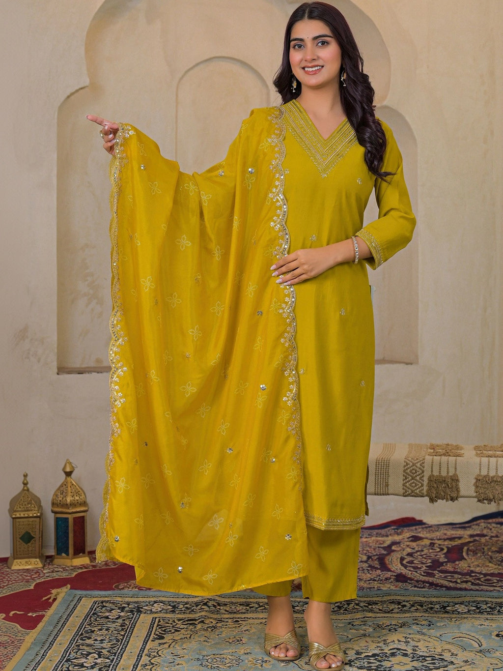 VASVI Women Ethnic Motifs Embroidered Thread Work Chanderi Silk Kurta with Trousers & With Dupatta