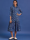 VASVI Women Indigo Printed Pure Cotton Fit & Flared Dress