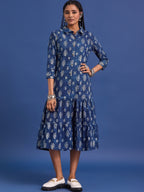 VASVI Women Indigo Printed Pure Cotton Fit & Flared Dress