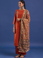 VASVI Women Hand Block Printed Pure Cotton Straight Kurta Trousers With Dupatta